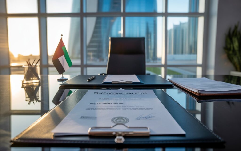 Dubai business license documents and legal paperwork spread on office desk showing trade license requirements and government permits needed to start a tailoring business