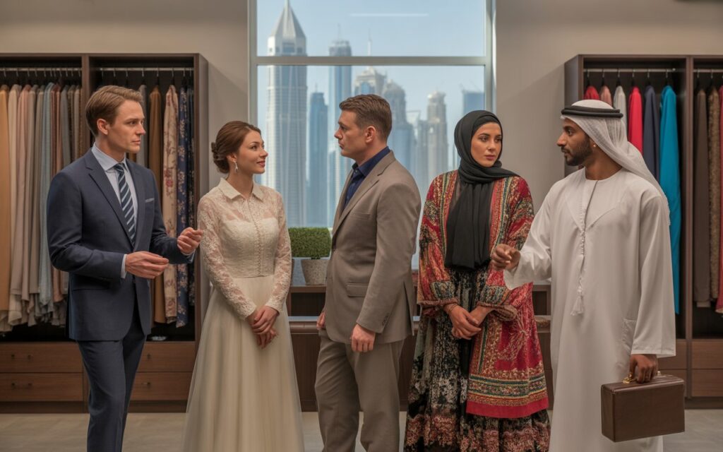 Diverse customers in Dubai tailoring shop including business professional, traditional dress client, and expatriate family showcasing the varied market segments for custom tailoring services