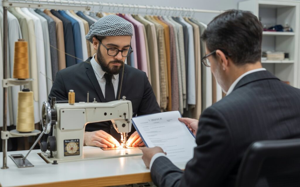 Job interview scene with experienced tailor demonstrating sewing skills to employer in Dubai tailoring workshop, showcasing the hiring process for skilled tailoring staff