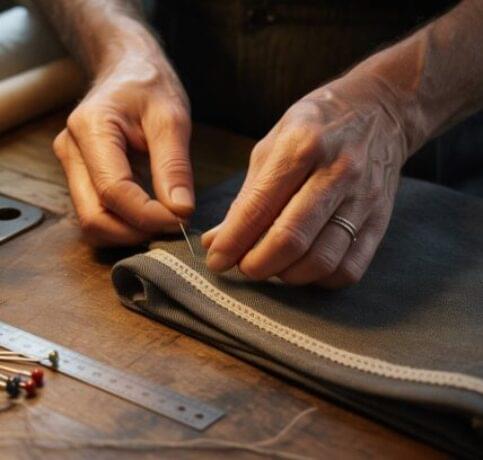 Expert alteration tailor hemming trouser legs with needle, thread and measuring tools