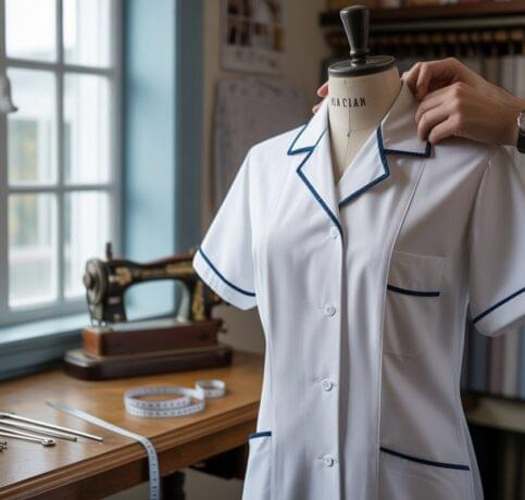 Professional uniform tailor measuring and adjusting white work uniform shirt in workshop