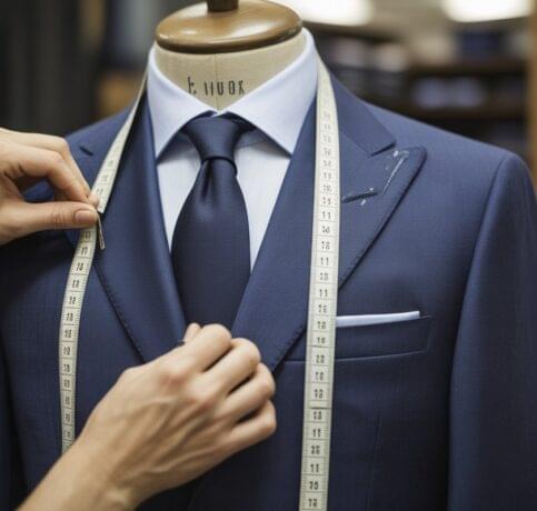 Expert suit tailor adjusting men's navy suit jacket on mannequin with measuring tape